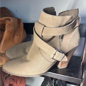 Women's Suede Ankle Boot with Buckle Strap - Taupe